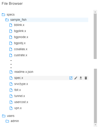 File browser interface showing folders specs and users. Specs folder contains subfolder sample_fish with .x files and readme.x.json. Users folder has admin entry.