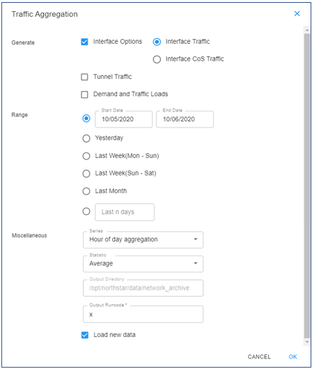 Configuration window for Traffic Aggregation in a network tool. Interface Options and Interface Traffic selected. Date range from 10/05/2020 to 10/06/2020. Outputs to /opt/northstar/data/network_archive. OK and Cancel buttons available.