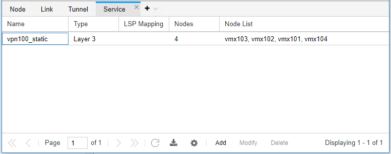 Service details: vpn100_static; Type: Layer 3; Nodes: 4 - vmx103, vmx102, vmx101, vmx104; Options: Add, Modify, Delete.