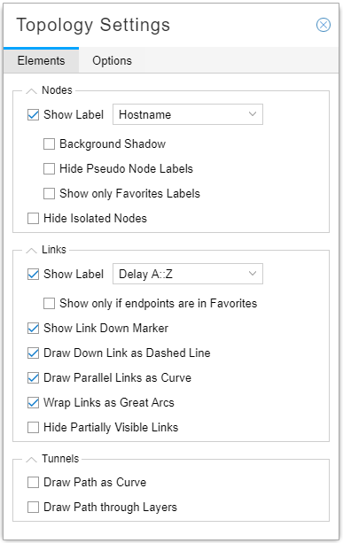 Topology Settings panel with sections for customizing nodes, links, and tunnels appearance and behavior in a network visualization tool.