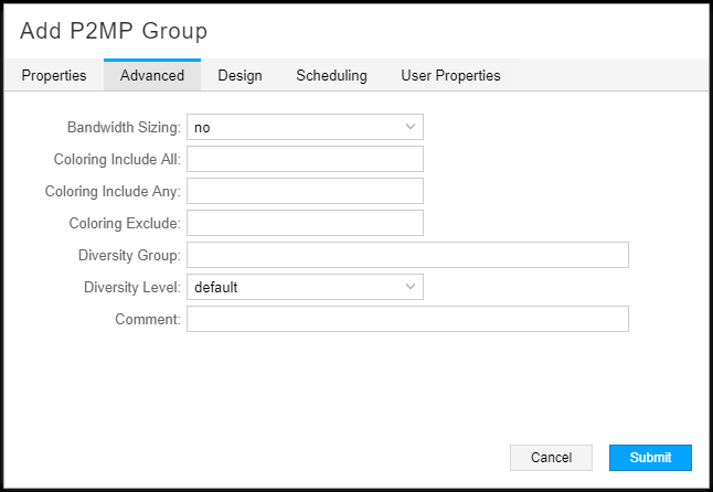 User interface for adding a P2MP Group in software, showing fields for Bandwidth Sizing, Coloring Include All, Coloring Exclude, Diversity Group, and buttons for Cancel and Submit.