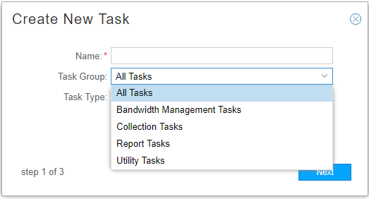 User interface for creating a new task with Name field required, Task Group dropdown, Step 1 of 3, and Next button.