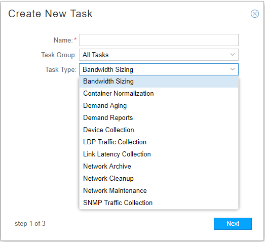 User interface for creating a new task with fields for task name, group selection, task type dropdown, and a Next button.