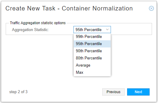 Step 2 of 3: Select an Aggregation Statistic for Traffic Aggregation. 95th Percentile is selected. Navigation buttons: Previous and Next.