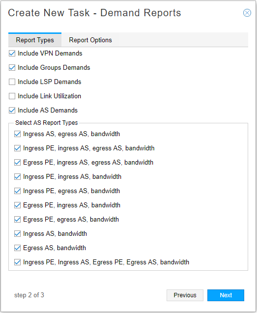 Screenshot of a user interface for creating demand reports, showing checked options for VPN, Groups, and AS demands.