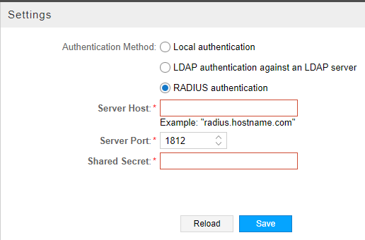 Settings interface for authentication methods with RADIUS authentication selected. Fields for Server Host, Server Port (1812 default), and Shared Secret. Reload and Save buttons at the bottom.