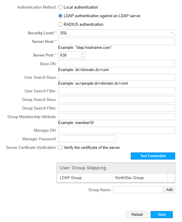 Configuration interface for LDAP authentication setup. SSL security selected. Fields for server host, port, base DN, user and group search bases, filters, manager DN, password. Options to verify server certificate, test connection, map groups. Reload and save buttons.