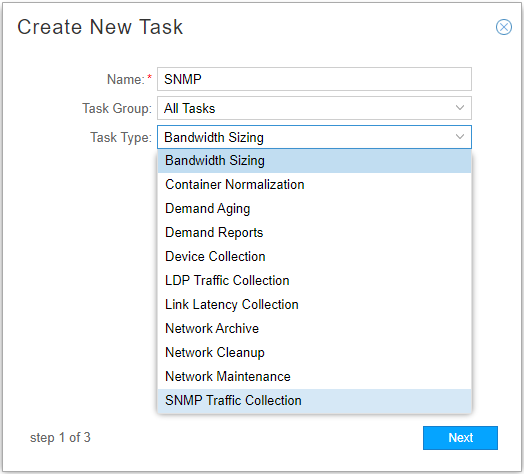 User interface for creating a new task with fields for Name, Task Group, and Task Type, plus a Next button to proceed.