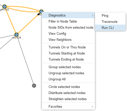 Network diagram with nodes and open context menu showing options like Diagnostics, Ping, Traceroute, Run CLI, Filter in Node Table, View Config, Group selected nodes.