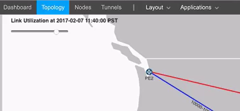 Network topology visualization showing node PE2 connected to others with color-coded links red and blue indicating traffic levels. Timestamp 2017-02-07 11:40:00 PST.