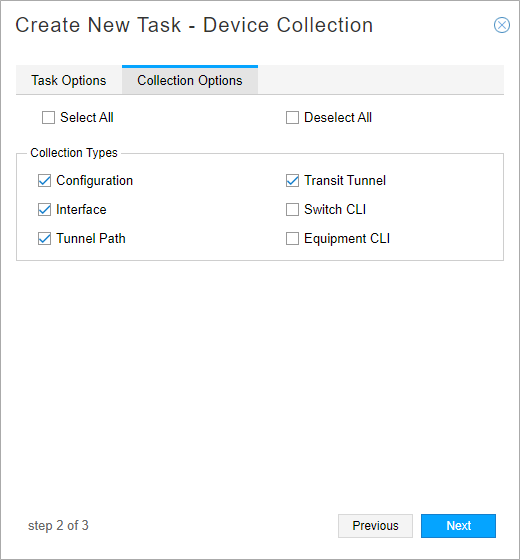 User interface for creating a new task in step 2 of 3; Collection Options tab selected with Configuration, Interface, Tunnel Path, and Transit Tunnel checked.