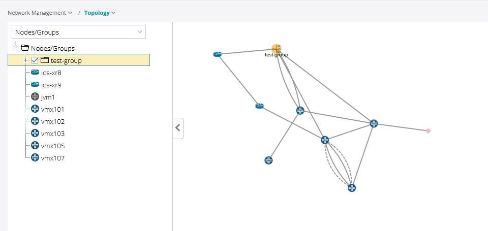 Network topology diagram with nodes ios-xr8, ios-xr9, jvm1, vmx nodes; test-group highlighted; nodes connected by lines.