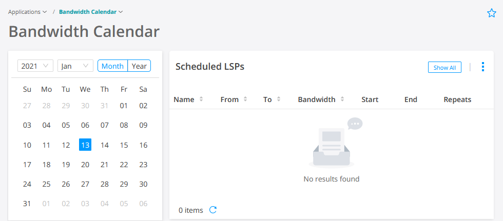 Bandwidth Calendar interface with January 2021 calendar on left highlighting the 13th. Right side shows Scheduled LSPs section with No results found message.