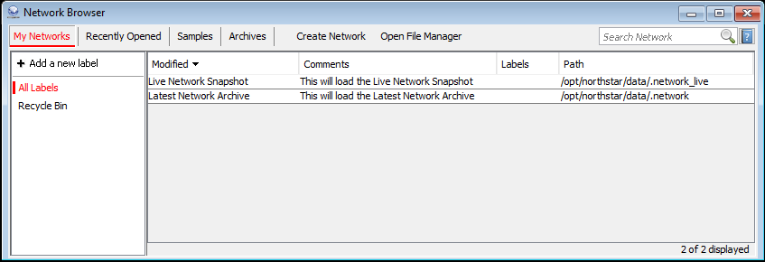 Software interface titled Network Browser for managing network data. Shows My Networks tab, All Labels panel, and main table with network entries. Includes search bar labeled Search Network.