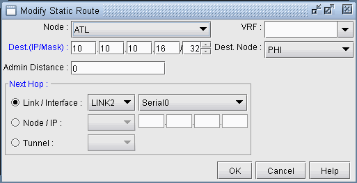 GUI for configuring a static route in a network, with fields for selecting node, VRF, destination IP and mask, destination node, admin distance, next hop options, and buttons to save or cancel changes.