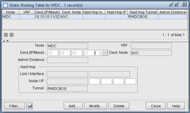 Static routing table interface showing a route on WDC to NYC with IP 10.10.10.11/32 via tunnel RWDCBOS. Buttons: Filter, Add, Modify, Delete, Close, Help.
