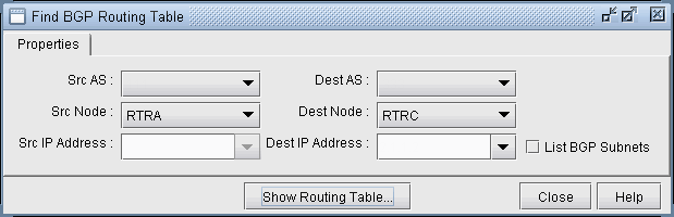 GUI for finding BGP routing table with fields for source and destination AS, nodes, IPs, and BGP subnets, plus Show Routing Table button.