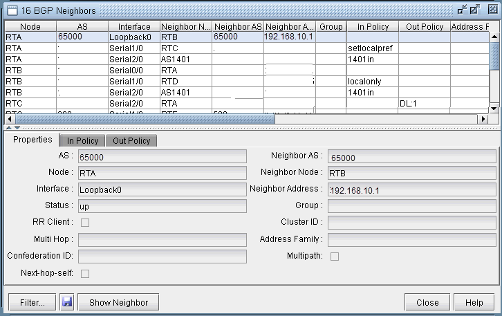 GUI for managing BGP neighbors, showing AS numbers, interfaces, neighbor nodes, addresses, policies, and detailed neighbor properties.