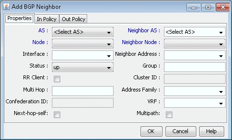 Graphical user interface for configuring a BGP neighbor with fields for AS numbers, node, interface, status, neighbor IP, RR client, multi hop, confederation ID, next-hop-self, group, cluster ID, address family, VRF, and multipath.