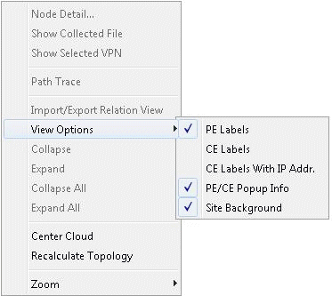 Context menu from network software with options like Node Detail, Show Collected File, Path Trace, and View Options with sub-options like PE Labels and Site Background.