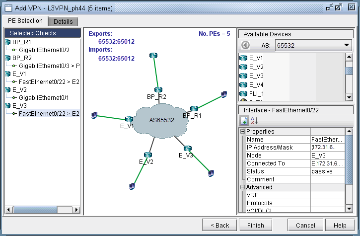 Layer 3 VPN configuration interface for AS65532, showing central cloud, PE routers BP_R1 and BP_R2, and route targets 65532:65012.