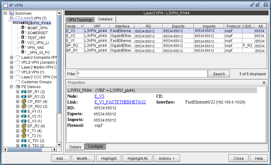 Screenshot of a network management tool interface for managing Layer 3 VPNs, showcasing details of L3VPN_PH44 configuration and topology.
