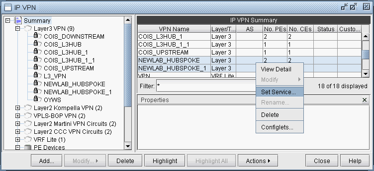 Network management interface for configuring and monitoring IP VPNs with tree structure, tabular summary, and context menu for VPN actions.