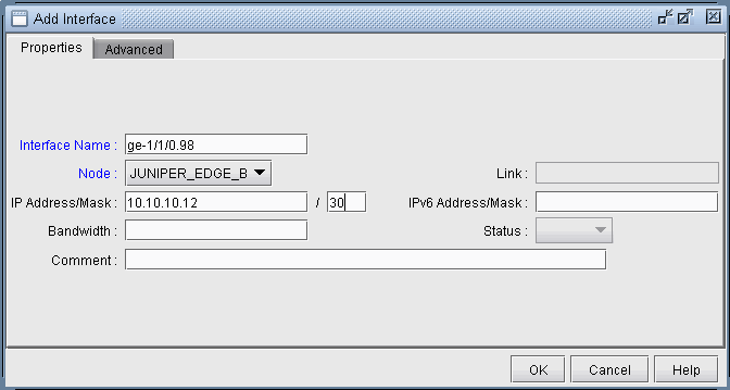 GUI for configuring a network interface with fields for Interface Name, Node, IP Address, IPv6, Link, Bandwidth, Status, and Comment. Includes OK, Cancel, and Help buttons.
