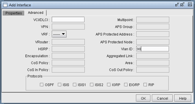 Graphical user interface for configuring a network interface, with fields for VC/ID/CLI, VPN, VRF, VRouter, HSRP, Encapsulation, CoS Policy, Multipoint, APS Group, Vlan ID 98, Aggregated Link, Area, CoS Out Policy, and checkboxes for enabling routing protocols like OSPF, IS-IS, IGRP, EIGRP, RIP. Buttons for OK, Cancel, and Help are at the bottom.