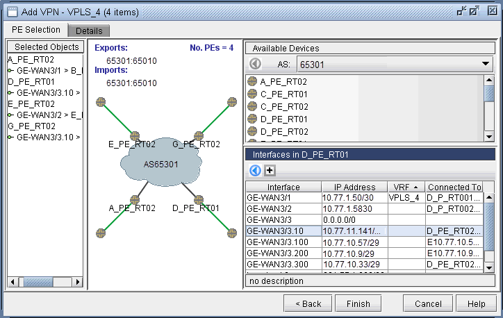 Configuring VPLS instance VPLS_4 with PE devices A_PE_RT02, GE-WAN3/1, GE-WAN3/3, and D_PE_RT01 in AS65301. Network diagram shows connections.
