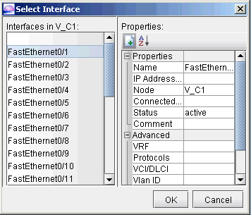 Graphical user interface for selecting and configuring network interfaces in a network simulation tool, showing interface list and properties panel.