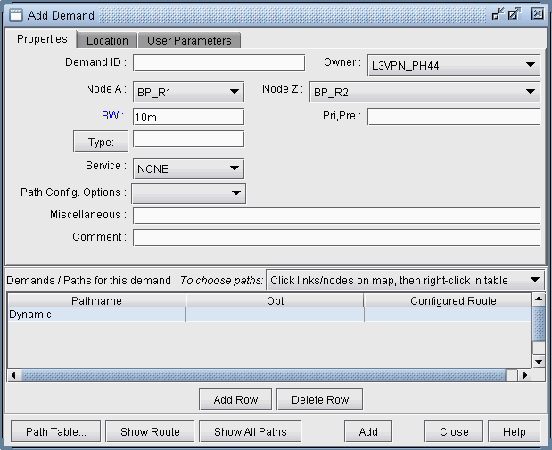 Software interface screenshot titled Add Demand for network planning with fields for Demand ID, Owner, Node A, Node Z, BW, Type, Service, and Path Config. Options. Demands/Paths Table shows Dynamic under Pathname. Buttons include Add Row, Delete Row, Path Table, Show Route, Show All Paths, Add, Close, and Help.