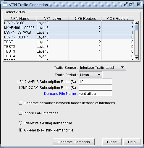 VPN Traffic Generation interface showing VPN list with details and options for configuring traffic generation, including source, period, subscription, and demand file settings.