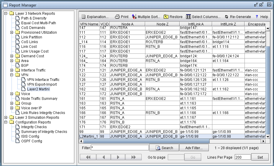 Report Manager interface showing a hierarchical menu of network reports and a table with VPN data, including VPN Name, VCID, Node A, Node Z, and Encapsulation.
