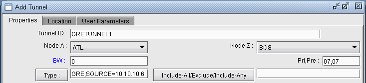 Configuration window for adding a GRE network tunnel with ID GRETUNNEL1 from ATL to BOS. Bandwidth 0. Priority 07. Source IP 10.10.10.6.