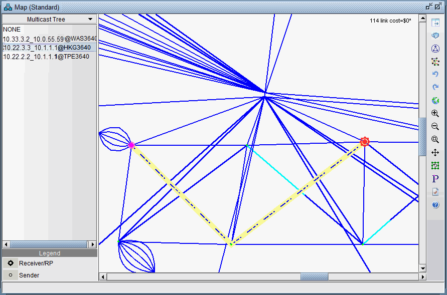Network topology visualization showing nodes with symbols, blue connections, a highlighted yellow path, and a legend for node roles like Receiver/RP and Sender.