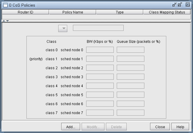 Graphical user interface for configuring Class of Service policies in a network management system with bandwidth and queue size settings.