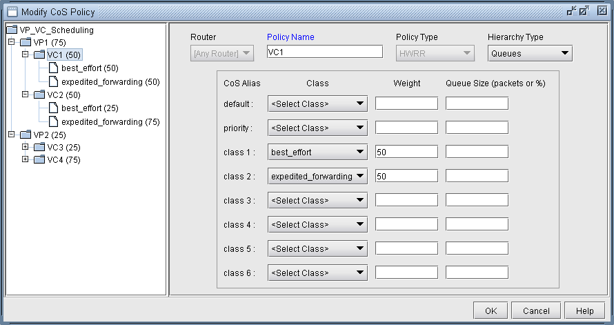 Graphical user interface for configuring Class of Service policy in a network management system with options for router, policy type, and class weights.