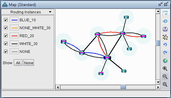 Network topology diagram showing blue nodes as routers or switches connected by color-coded links: blue for BLUE_10, red for RED_20, black for other connections, yellow for NONE_WHITE_30.