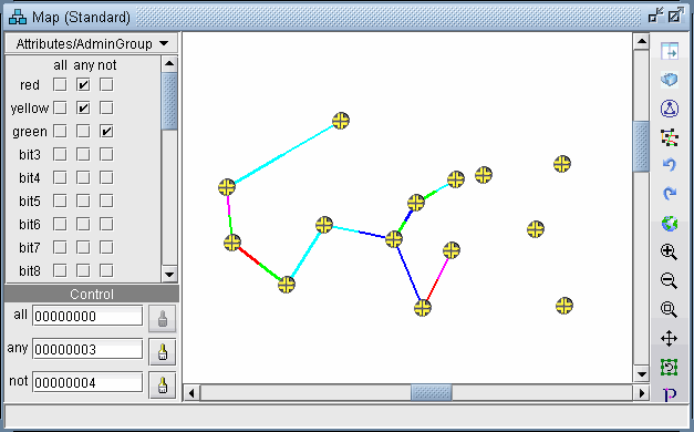 Network visualization interface showing nodes with colored connections. Left panel has filter options by color and bits. Right side includes control icons.