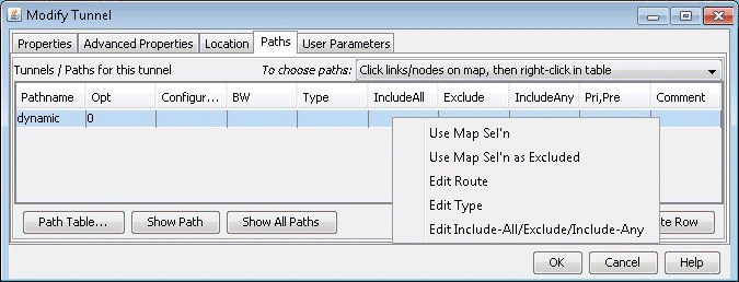 Software interface titled Modify Tunnel for network configuration. Paths tab active with table showing path details and dropdown menu for routing options.