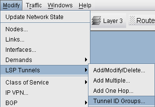 Modify menu with options for network configuration: Update Network State, Nodes, Links, Interfaces, Demands, LSP Tunnels, Class of Service, IP VPN, BGP.