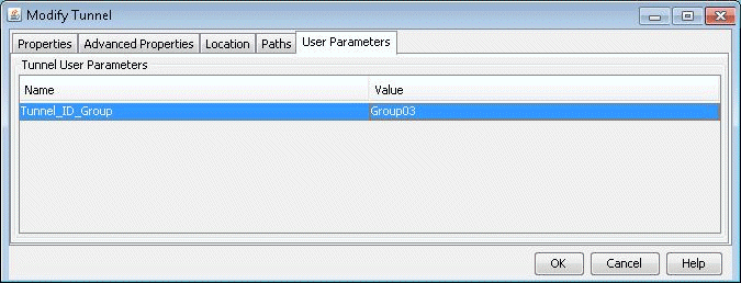 Modify Tunnel interface showing User Parameters tab with Tunnel_ID_Group value as Group03, and OK, Cancel, Help buttons.