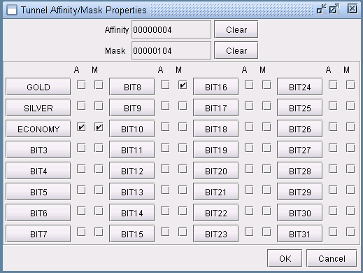 GUI for configuring Tunnel Affinity/Mask Properties with fields for Affinity and Mask, checkbox matrix for bit selection, and OK and Cancel buttons.