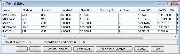 Tunnel Sizing software interface showing network tunnel data: names, nodes, bandwidth, flows, and action buttons for managing resources.