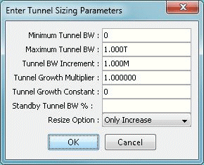 Dialog box titled Enter Tunnel Sizing Parameters with fields for inputting network tunnel parameters and OK and Cancel buttons.
