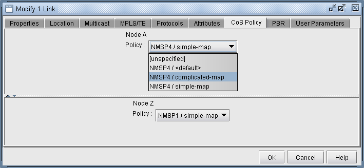 Network configuration interface for modifying a link between Node A and Node Z. Tabs include Properties, Location, Multicast, MPLSTE, Protocols, Attributes, CoS Policy, PBR, User Parameters. Node A policy dropdown shows options like unspecified and NMSP4 default. Node Z policy is NMSP1 simple-map. Buttons for OK, Cancel, Help are at the bottom.