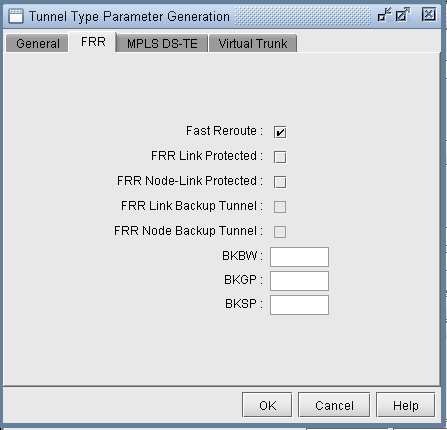 Configuration window titled Tunnel Type Parameter Generation with FRR tab selected; options for Fast Reroute settings and OK, Cancel, Help buttons.