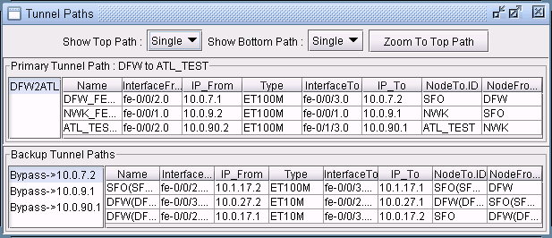 Screenshot of network management interface showing tunnel paths between nodes, detailing primary and backup paths for data transmission.
