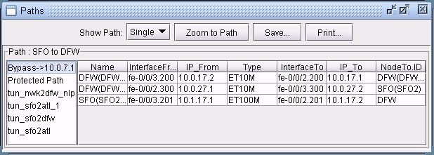 Network management tool displaying paths from San Francisco to Dallas-Fort Worth; includes path names, interfaces, IPs, and connection types.